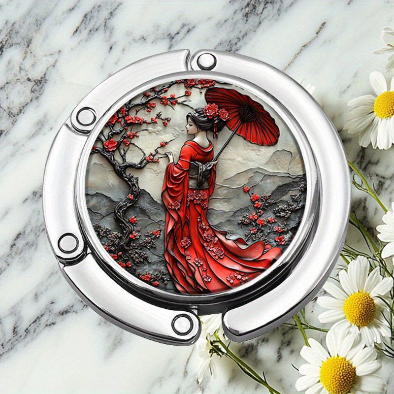 TEMU 2D Flach, 1 Stück Japanische Geisha & Kirschblüten Metallhaken - Faltbarer Taschenhalter mit Regenschirm, Geldbörsen-Deko für Handtasche oder