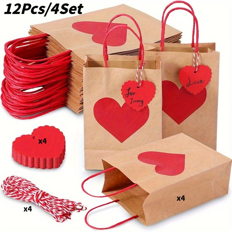 E-shop Geschenk für Sie/Ihn 12 Stück/4er-Set Herz-Geschenktüten | Kraftpapier-Tragetaschen, geeignet für Muttertag, Frauentag, Valentinstag,