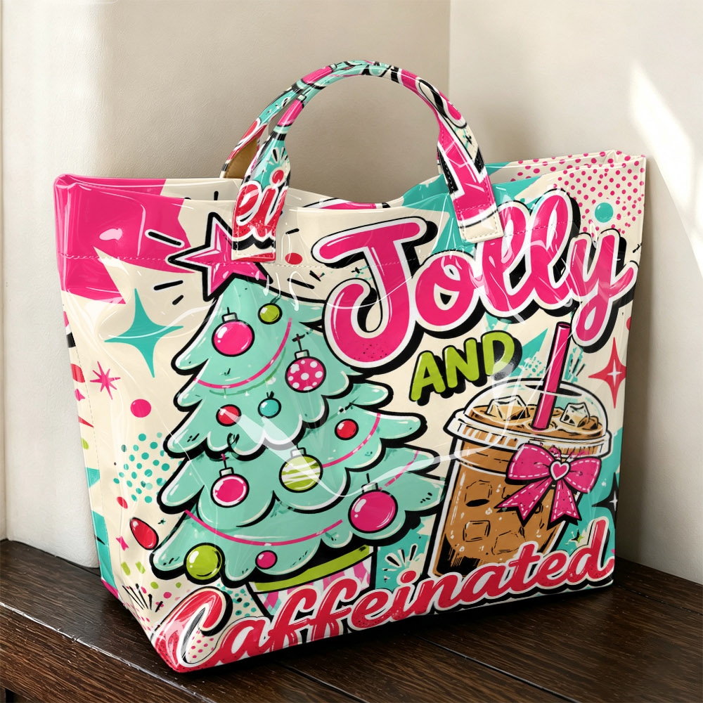 TEMU 1pc Women's Large Pvc Tote Bag With Christmas Tree & Iced Hand Carry Handbag, Cute Holiday Lettering Suitable For,, Shopping, Machine Washable