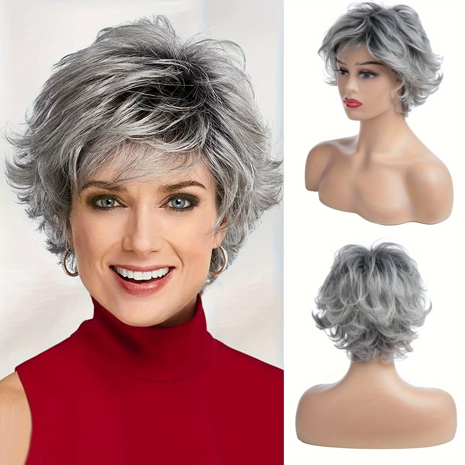 TEMU Short-length Gray Curly Layered Wig For Women, Dark Gray Short Fluffy Synthetic Wig With Bangs For Halloween Daily Party