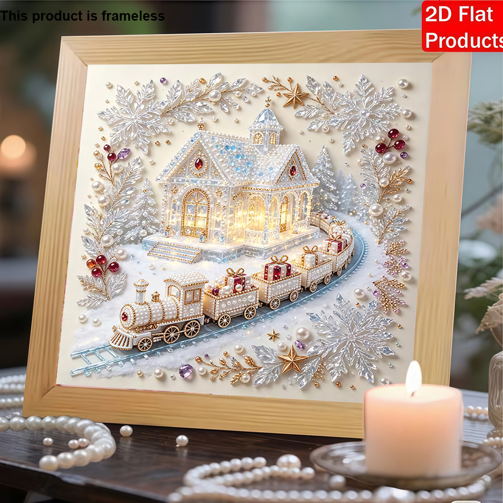 TEMU New 2d/flat Printing Pearl Painting Kit Featuring A Christmas Train Pattern With Rhinestone Inlays. This Pearl Painting Set Uses Unique