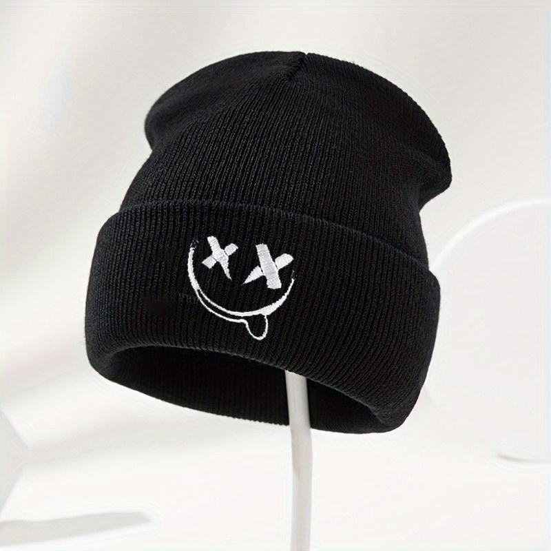 TEMU 1pc Knitted Beanie With Cuff, Cold Weather Hat, Face, Cross, Mark, Black, Stylish And Versatile For Autumn/winter, 100% Acrylic, Hand Washable,