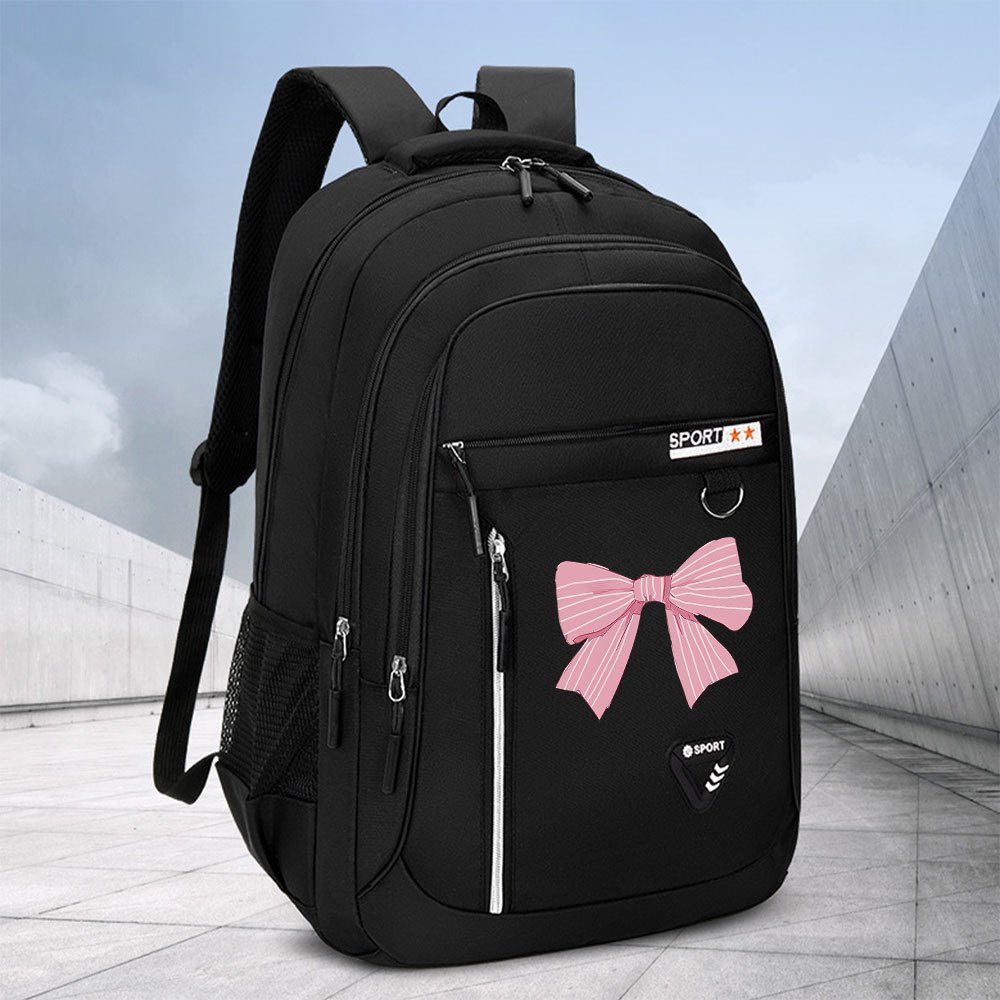 TEMU 1pc Pink Bow Print Large Capacity Backpack Suitable For, Travel & - Lightweight Laptop Daypack With Adjustable Straps, Bow Accent, Zipper