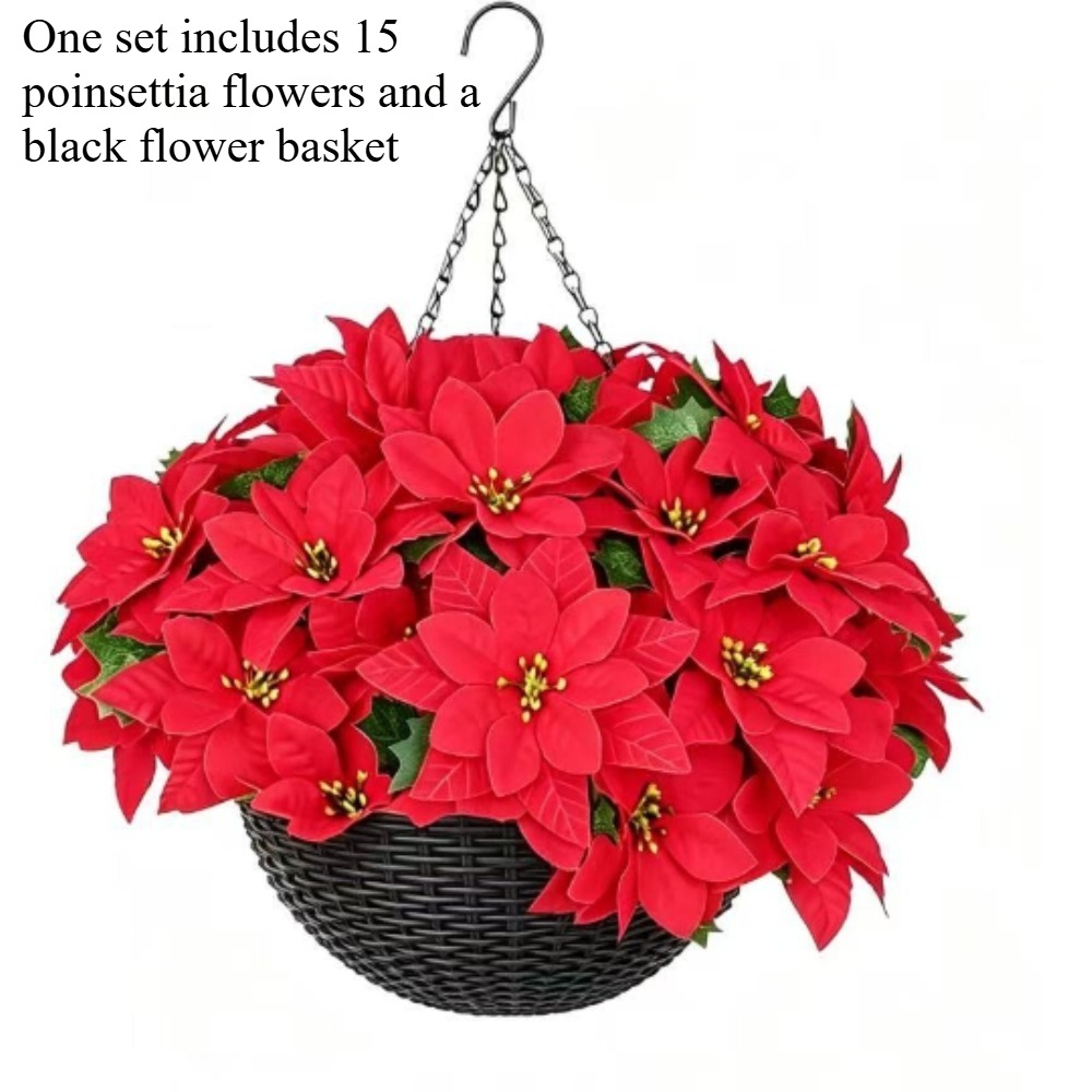 TEMU 1 Set Artificial Red Poinsettia Christmas Flowers, Suitable For Indoor And Outdoor Use, Comes With A Flower Basket; Each Hanging Basket Contains