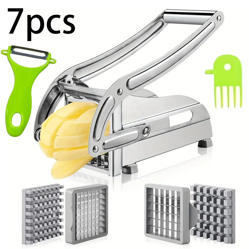 TEMU 7pcs Set Of Stainless Steel Cutter, Fruit And Vegetable Cutting Kitchen Gadget With Peeler And Cleaning Additions, Multifunctional Food Chopper