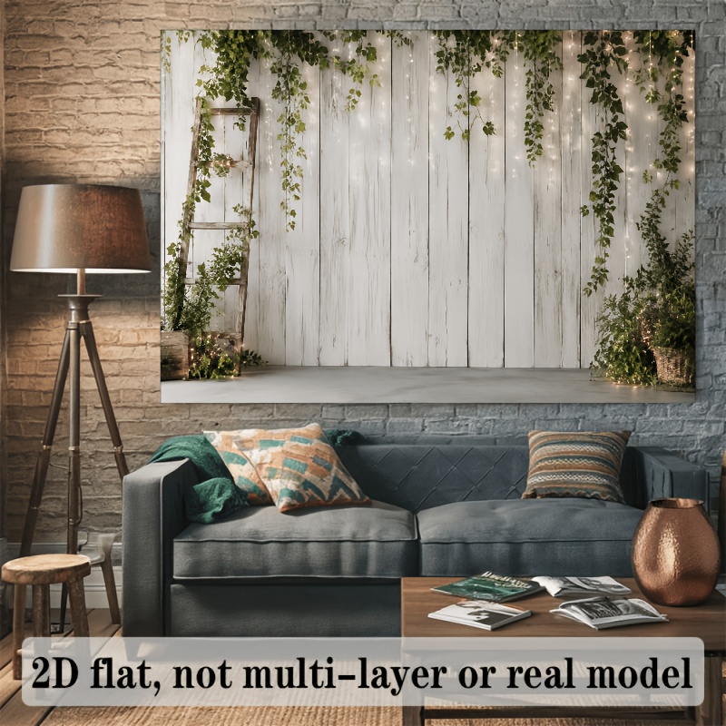 Natural Wood Plank Backdrop with Ivy Garland and String Lights