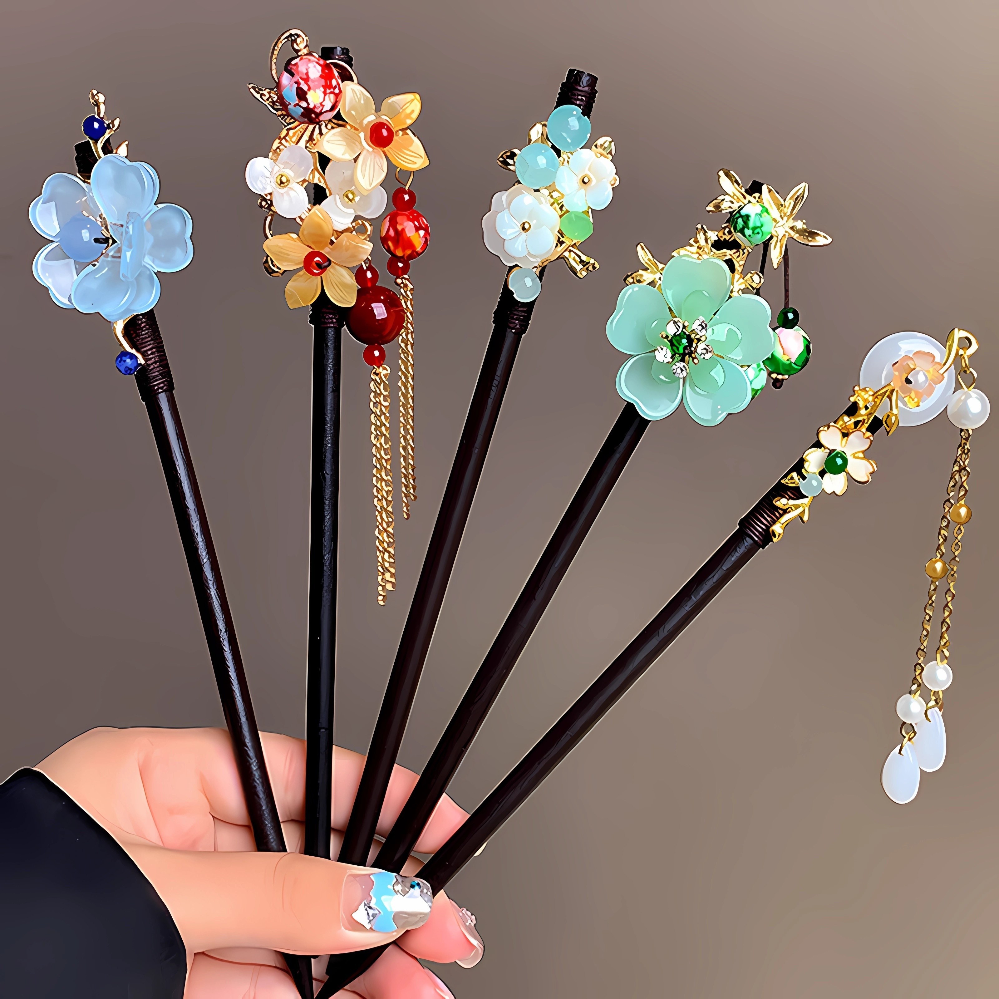 TEMU 5pcs Set Of Wooden Hairpins With Artificial Flower Tassels, Chinese Ancient Style Hair Bun Clips For The Back Of , Great Gift For Mom