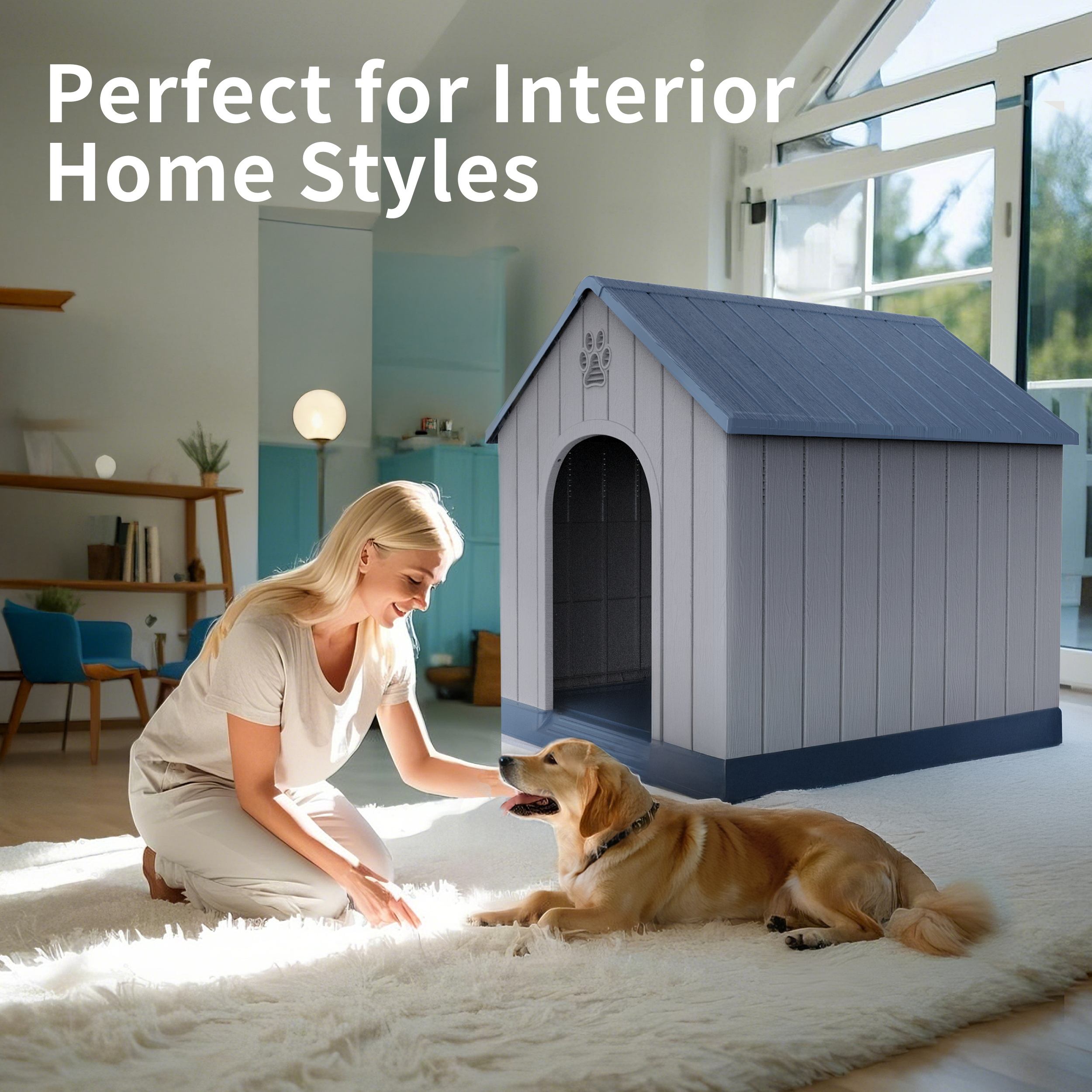 38 outdoor dog house compatible for small to large dogs weatherproof resin weather pet shelter with elegant roof raised floor ventilation cut outs   indoor outdoor house easy assembly sturdy
