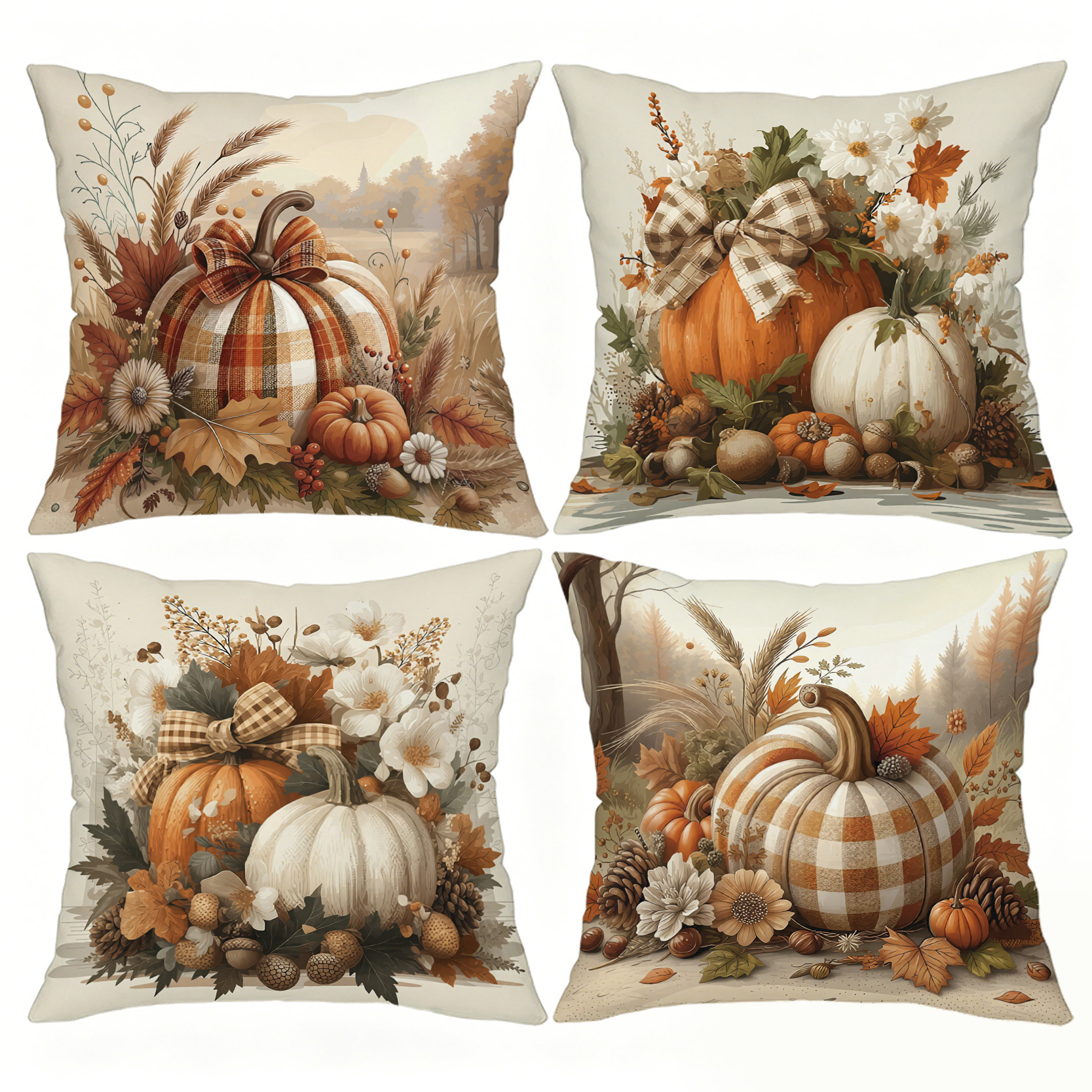 TEMU 4 housses de coussin d'automne pour Thanksgiving, motif citrouille et automne - Taies d'oreiller décoratives à motif de feuilles, literie sur le