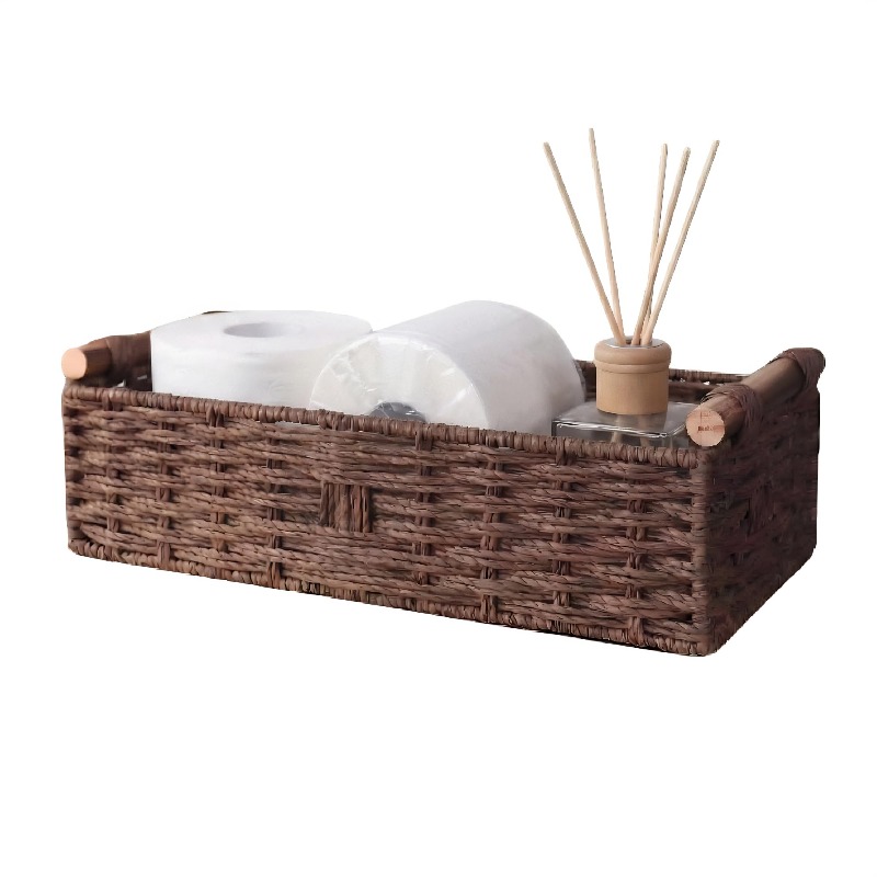 TEMU Forest-style Paper Rope Woven Solid Wood Handle Storage Basket, Bathroom Toilet Countertop Care Organizer, - Style Desktop Soft Furnishing Tray,