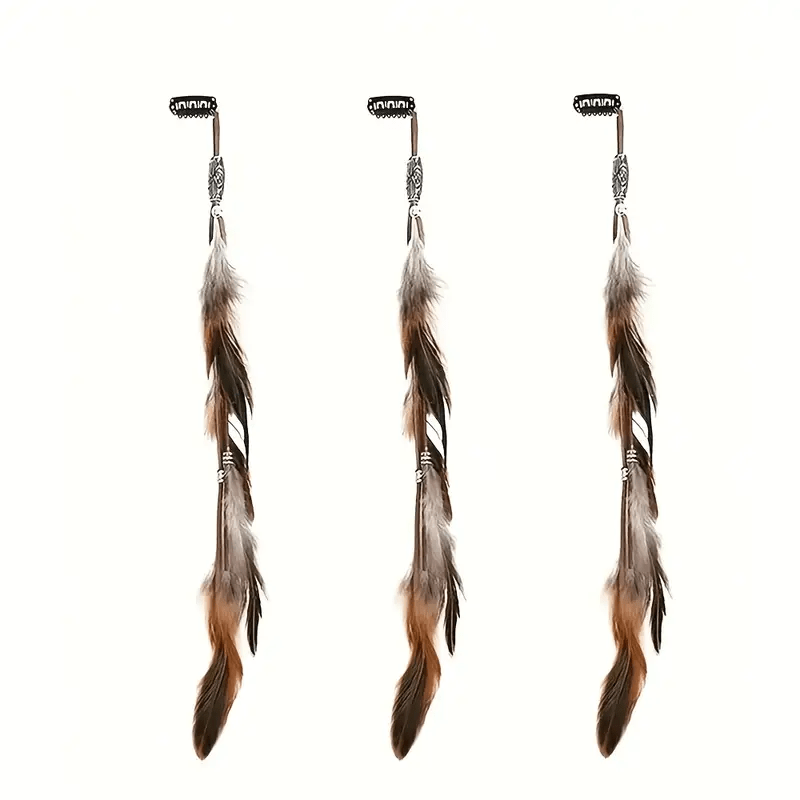 TEMU 3pcs Vintage Feather Hair Additions Set, Feather Hair Clip Fashion Tassel Hair Handmade Braided Colorful Feather Hair Card Halloween Boho Style
