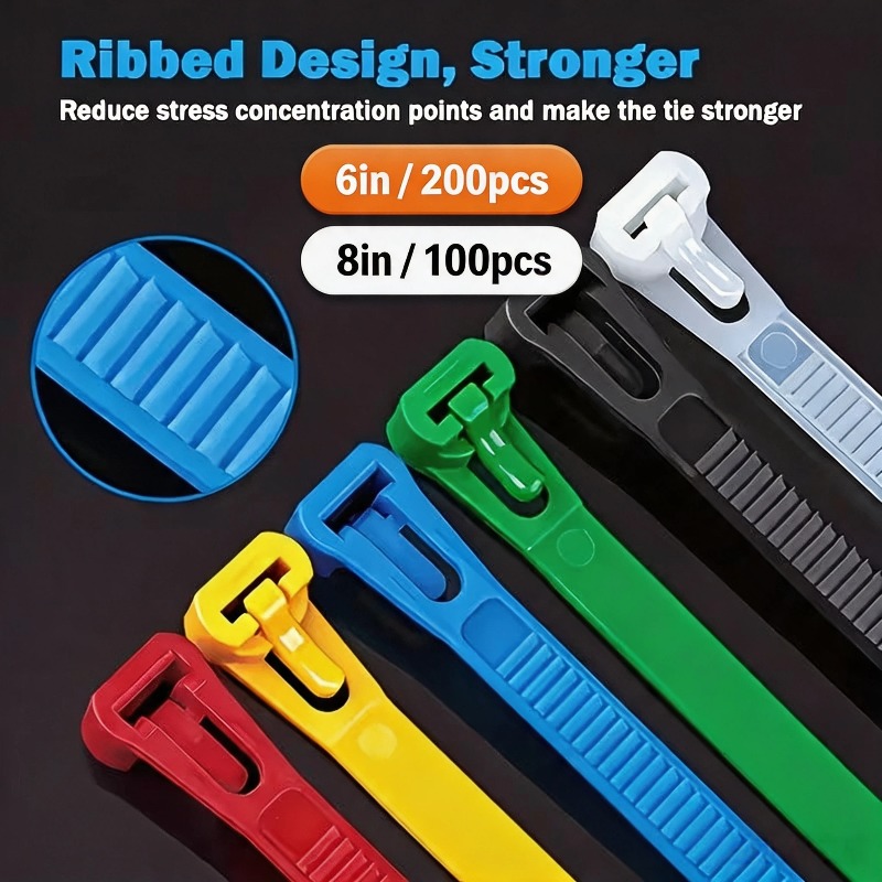 TEMU 300 pezzi di riutilizzabili in nylon per cavi, 6 pollici X 8 pollici, a lacci regolabili per la gestione dei cavi, autobloccanti a colori misti,