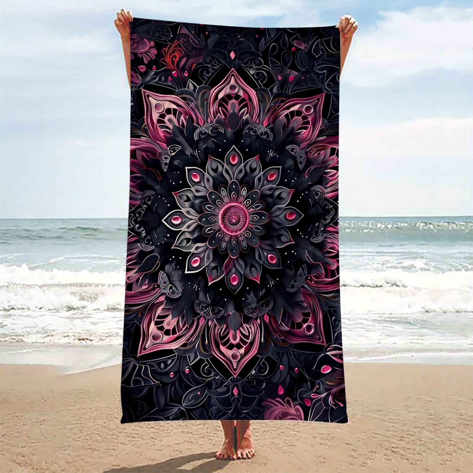 TEMU Serviette de plage 1 pièce rose foncé à motif mandala de lotus, légère et absorbante, lavable en machine, adaptée à la natation, au camping et