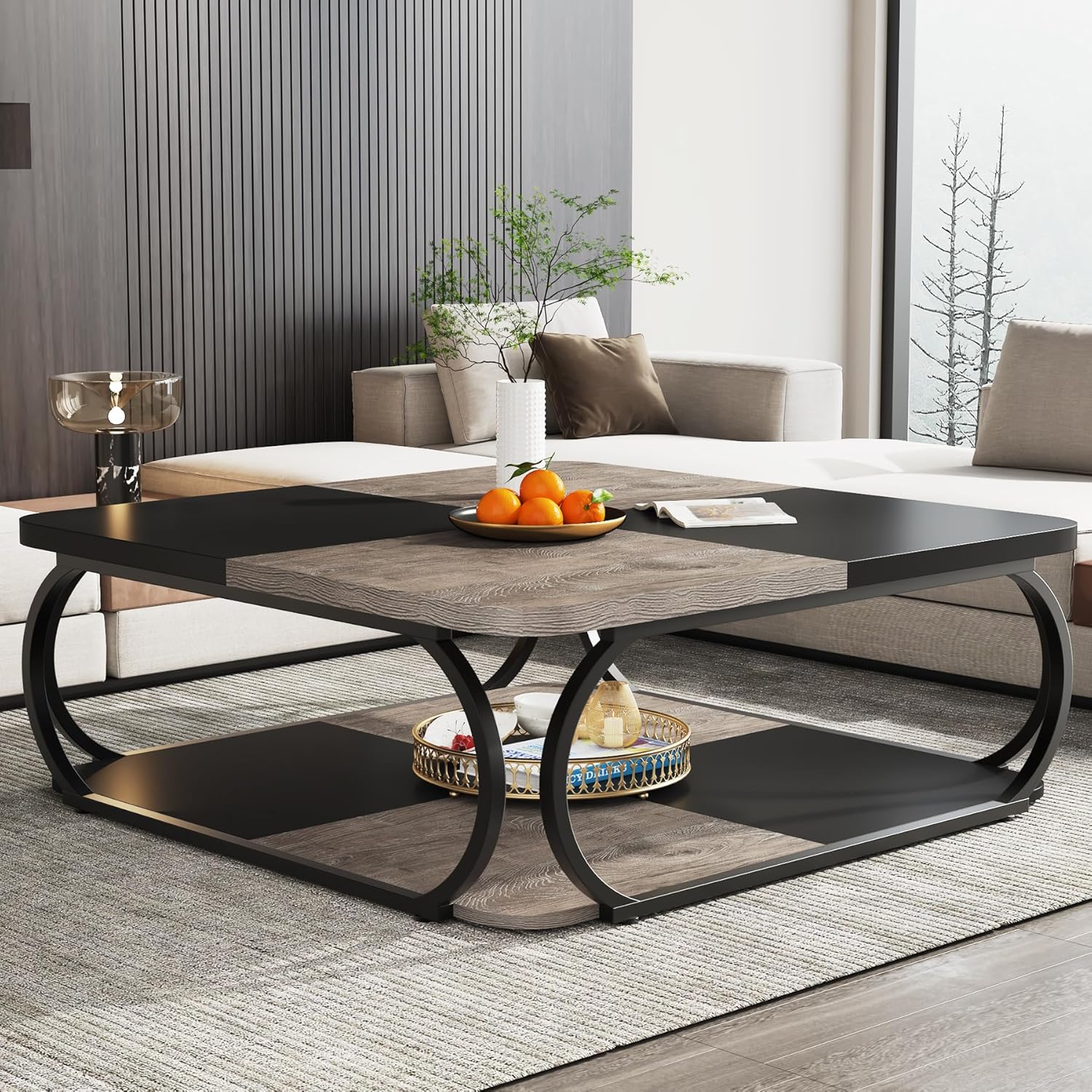 Image of 39-inch Large Coffee Table With 2-tier Open Storage Shelf, Low-profile Square Wood Top & Black Metal Frame - Rustic Grey Center Table For Living Room, For Home Office, Tea Table () - Wood & Particle