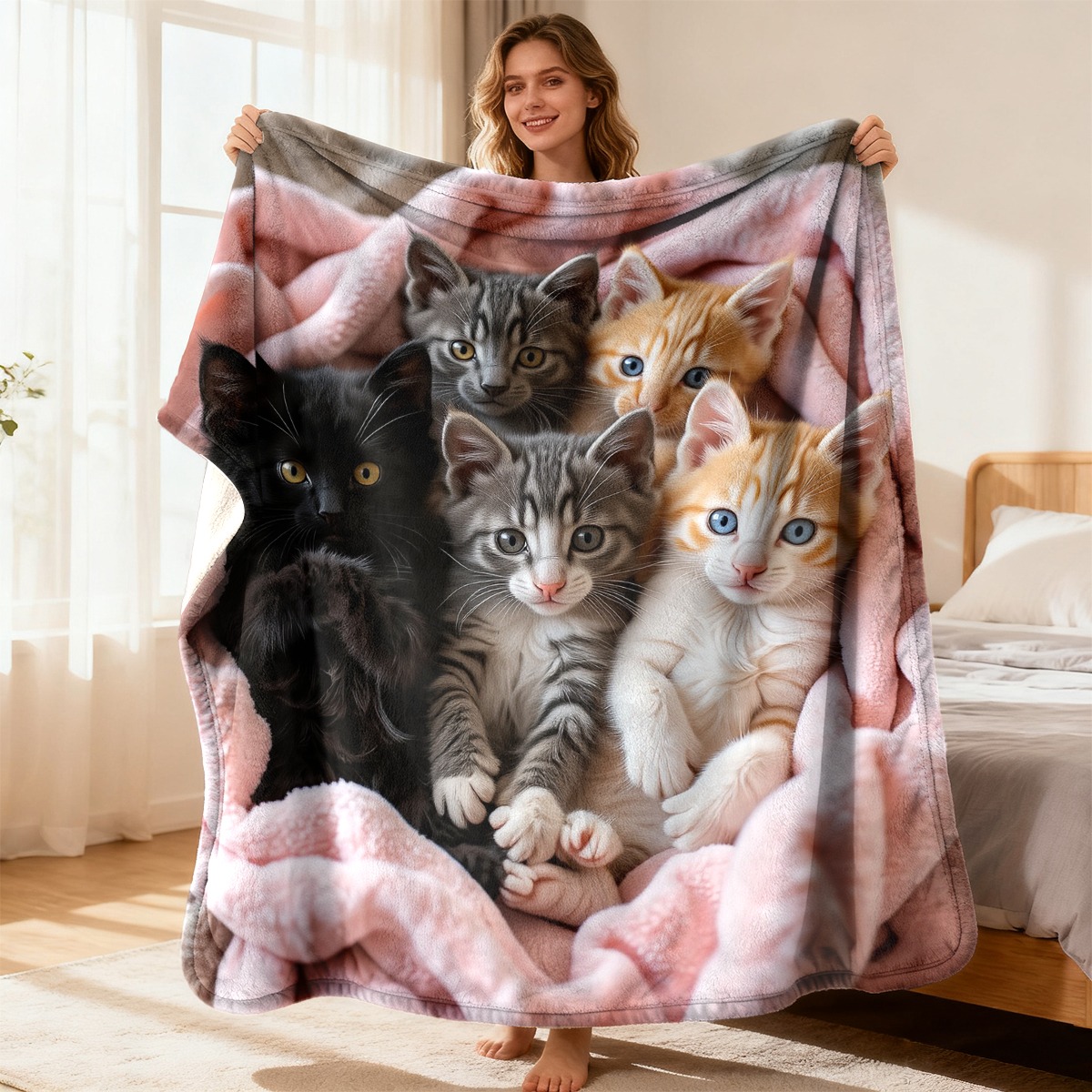 TEMU Couverture en flanelle pelucheuse à imprimé chat, douce, confortable et onirique, avec 6 adorables chatons, motif de chaton , en polyester,