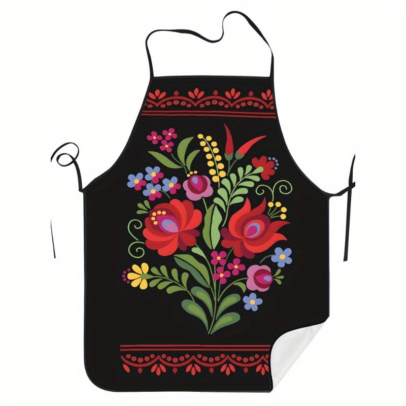 TEMU [vintage Apron] Vintage Floral Print Kitchen Apron | Black Polyester Fabric | Adjustable Neck Strap & Waist Ties, Hand Wash Or | Cooking And