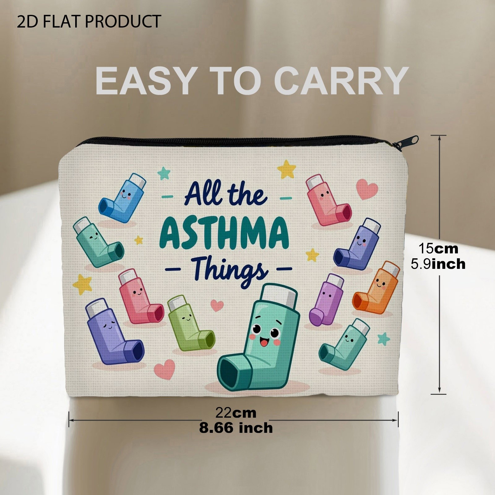 TEMU Lightweight Polyester Makeup Bag With Cute Cartoon Inhaler Print, 5.9in X 8.66in Double-sided Colorful Zipper Pouch With "all The Things"
