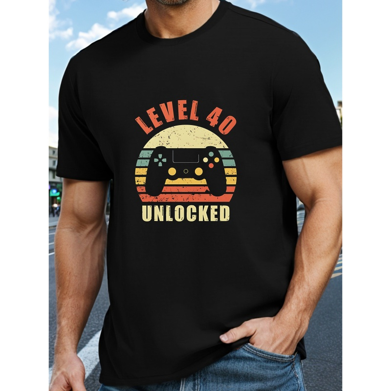 

Level 40 Unlocked Men's Casual Summer T-shirt - Short Sleeve, Polyester , Round Neck, Game Controller Graphic Design, Black With Stripes, Gamer T Shirt