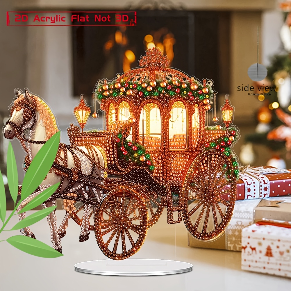 TEMU 2d Flat - 1pc Carriage Christmas Themed Diamond Painting Kit, Desktop Decorative Ornament With Irregular Diamonds + Shiny Diamonds, Suitable For