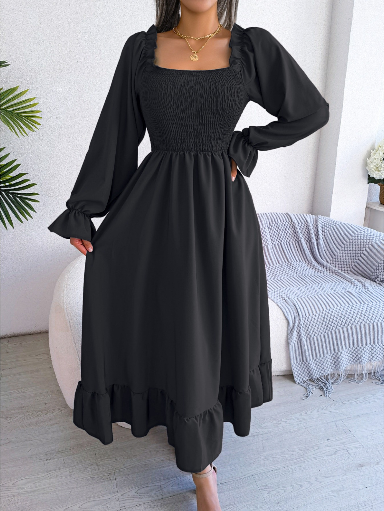 women's elegant maroon dresses - long formal & casual dresses with flowy  lantern sleeves, flared hem for parties, office, - machine washable fall/spring  outfits, cute dresses, autumn attire, comfortable wear - women's