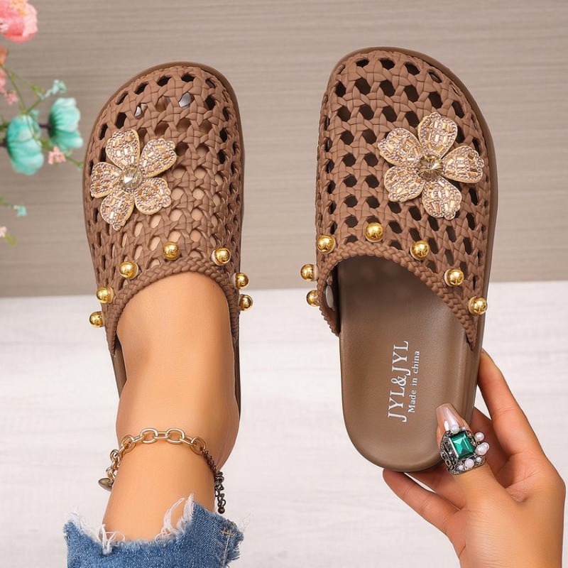 Image of Stylish, Versatile, Breathable, Open-work Headband Slippers For Women, Featuring Water Crystals, Flowers, Rivets, Thick Soles, Design, Perfect For Casual Wear., Women Shoes
