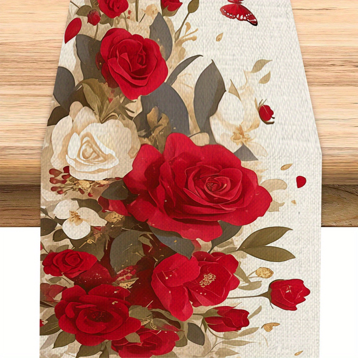 

Elegant Valentine's Day Rose Table Runner - Romantic Red & Cream With Golden Accents, 100% Polyester, Square | Dining, Guest Tables, Kitchen, Bed Decor, Valentines Decorations