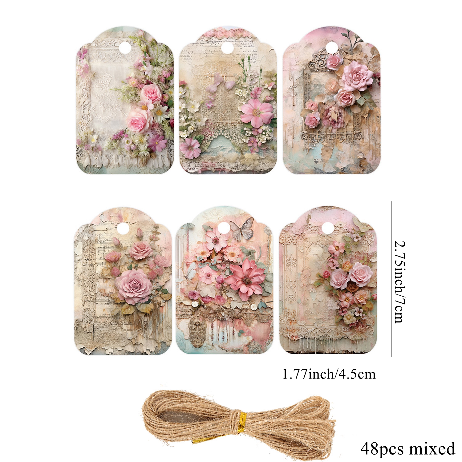 Image of 48pcs/set Pink Flower Series Hanging Tags Branches Paper Labels For Junk Journal Birthday Party Decorations Gifts Packaging Supply