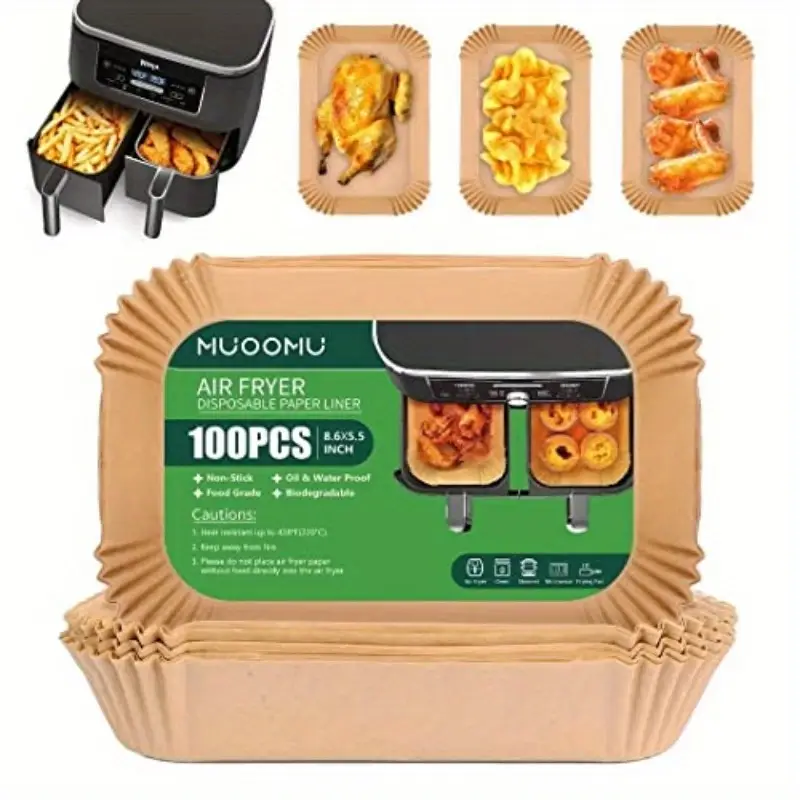 100pcs dual air fryer disposable paper liners - , oil-proof, microwave & oven safe, 8.6x5.5 inch rectangular parchment paper for baking, roasting, grilling - compatible with dual air fryer, kitchen essentials, air fryer accessories, , rectangular shape, oilproof liner, nonstick surface, baking liner, home cooks, roasting liner, nonstick liner, heatresistant liner, baking liner, meal preppers Product details 0