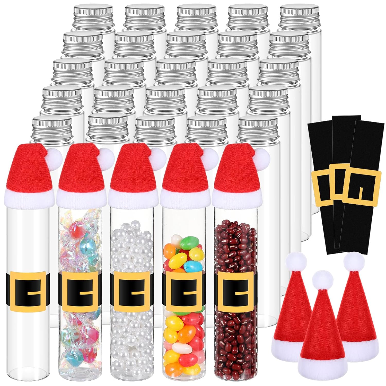 TEMU Ensemble de 24 pièces comprenant 8 tubes à bonbons de Noël avec couvercles, 8 styles classiques avec chapeaux de Père Noël, et 8 autocollants de