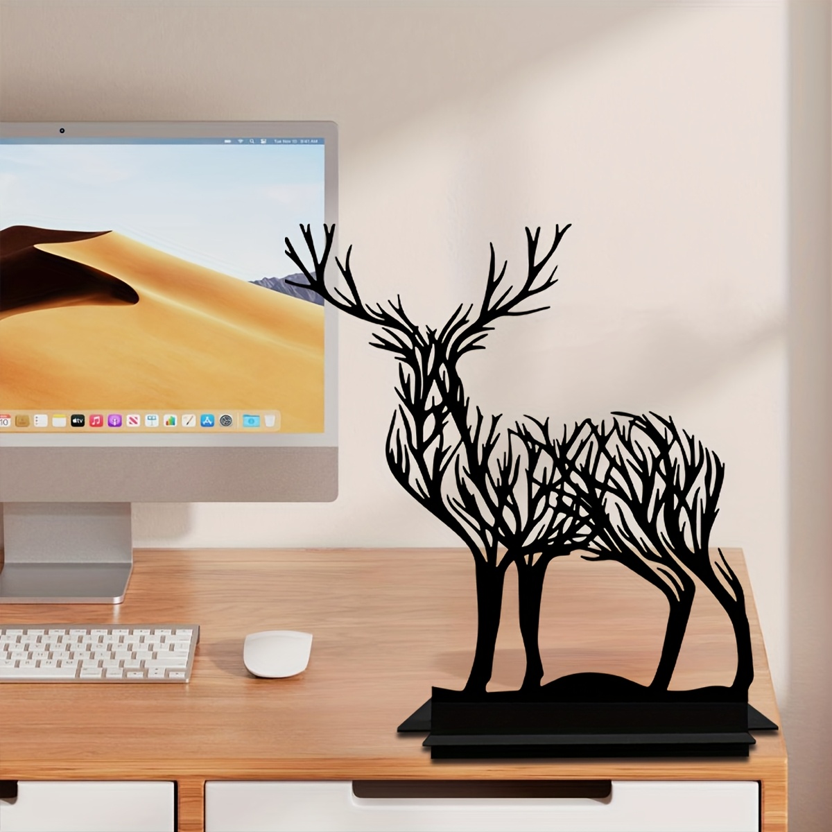 TEMU 1pc Black Metal Tree Deer Desktop Ornament - Wrought Iron Branch Design, No Power Supply Needed, Multi-functional Home And Office Decoration,