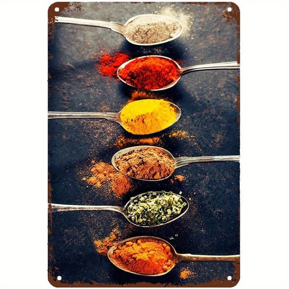 TEMU Plaque Murale en Métal Vintage - Design Rustique de Cuillère à Épices avec 5 Épices Colorées (, Paprika, Basilic, Oregano, ) - Décoration de
