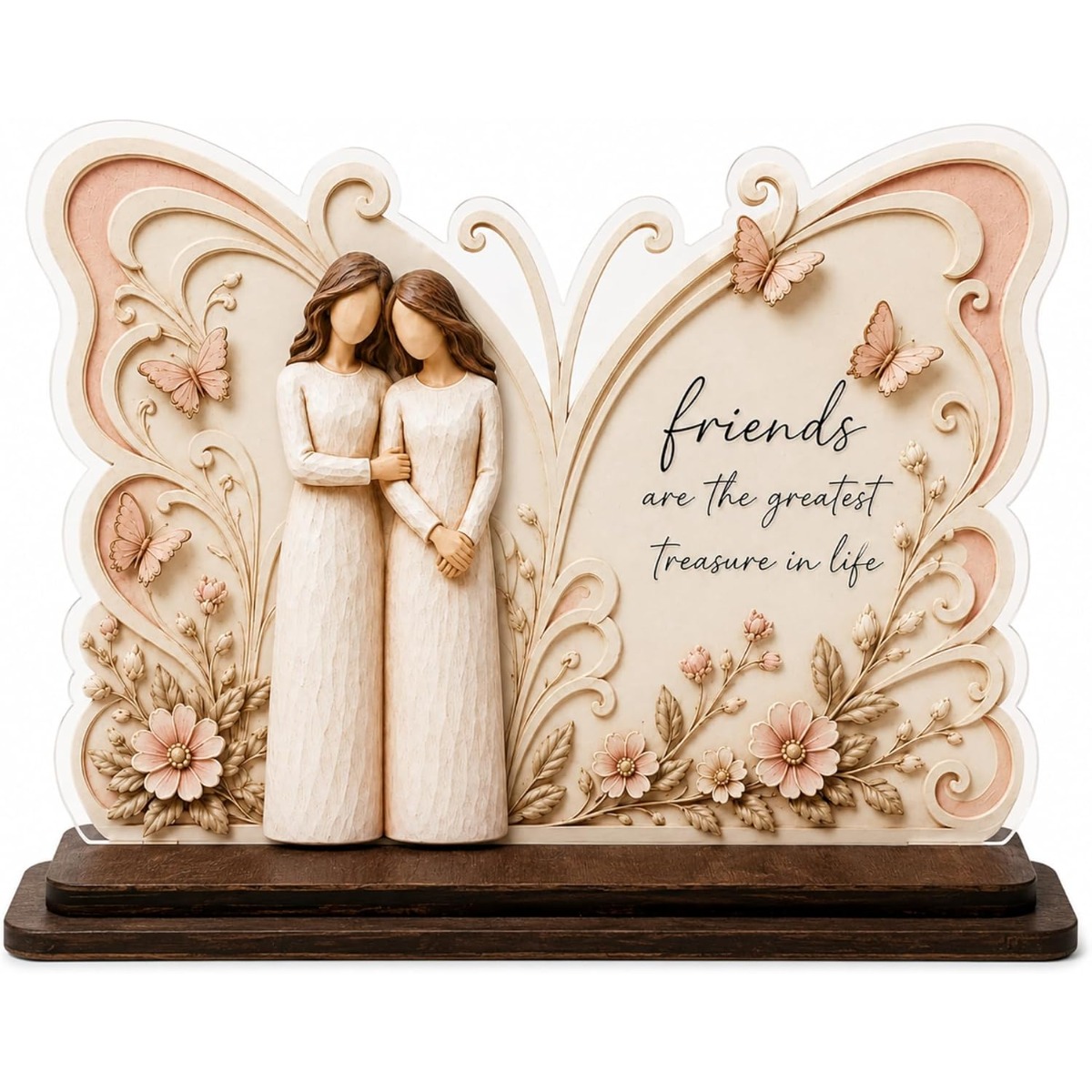 TEMU 1pc Shape Wooden Acrylic Decor Plaque With 2 Embracing Sisters Figurine Desktop Ornament For Bedroom Living Room Tabletop Decor Gift For Best