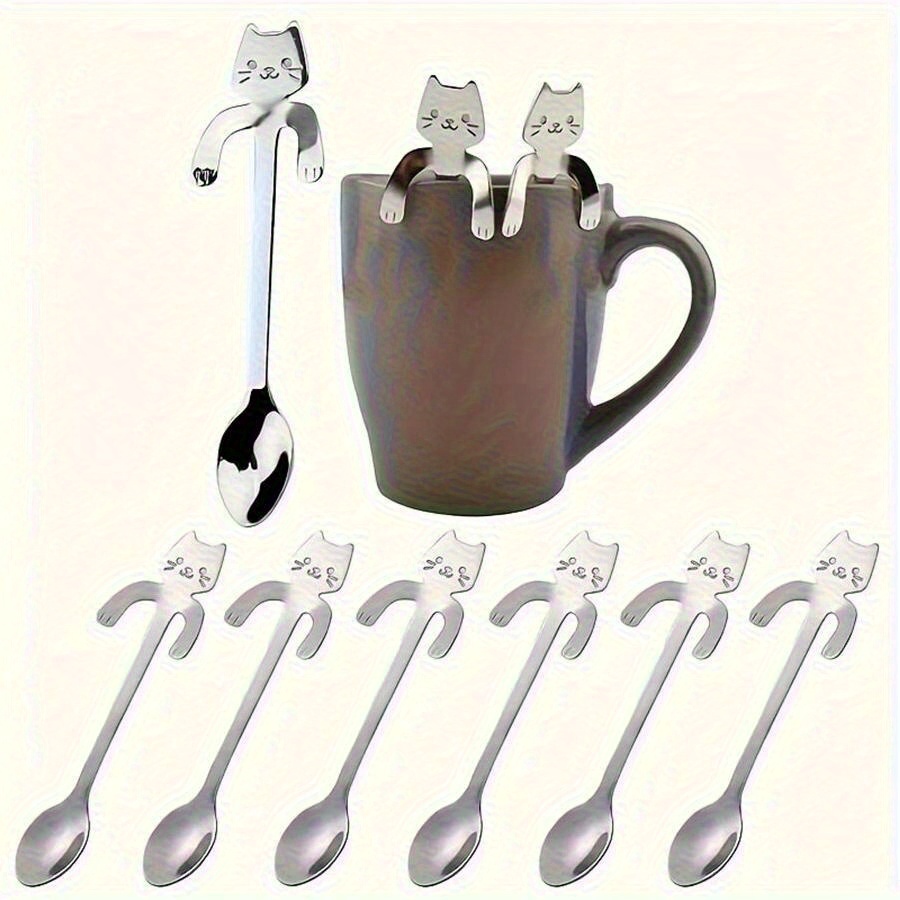 E-shop 6-teiliges Edelstahl-Kaffee- und Dessertlöffelsatz mit Katzenmotiv – Langlebig, spülmaschinengeeignet, ideal für Zuhause, Küche, Restaurant oder