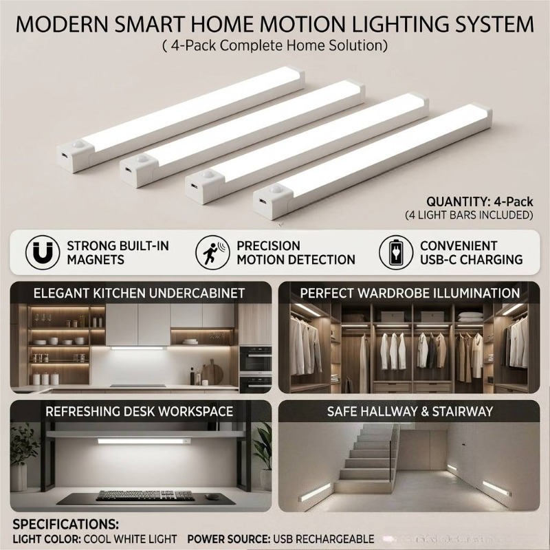 TEMU 4pcs Light Luxury Sensor Lights, 30cm Long Magnetic Wireless Night Lights, Magnetic And Removable Wireless Lamps, Great Gift For Student Dorms,