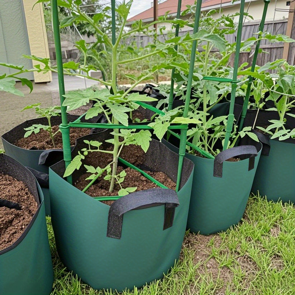 three large capacity heavy duty planting bags with handles portable and lightweight designed for gardening style made of heavy non woven fabric suitable for indoor and outdoor use tear resistant featuring an x shaped stitching design