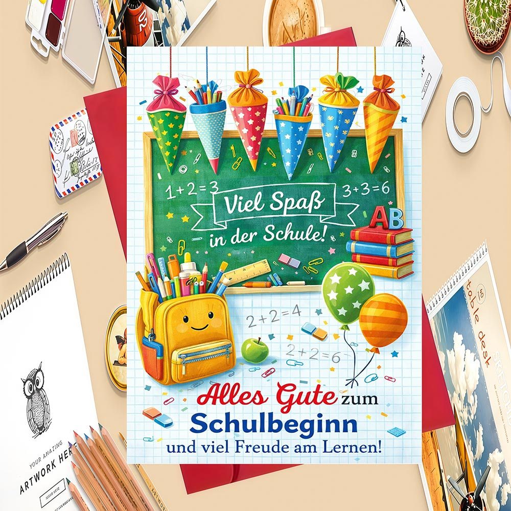 Image of 1pc Greeting Card With 1pc Envelope Greeting Card For Parents To Wish Their Children A Fun Filled And With School Supplies And Decorations On It