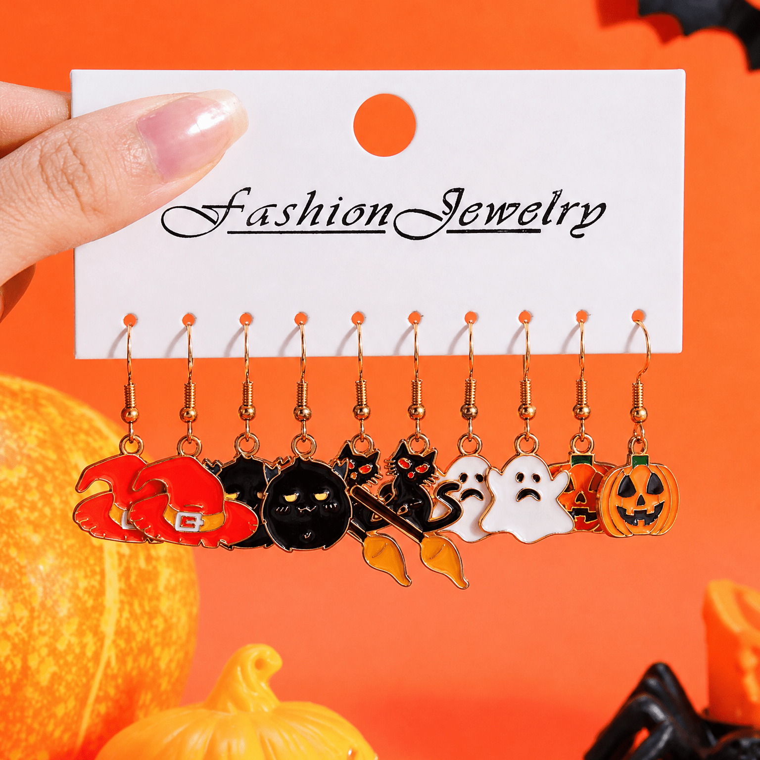 TEMU Juego de 10 pendientes colgantes de Halloween, nueva serie de estilo , de aleación y esmalte con diseño de calabaza y gato , accesorios para