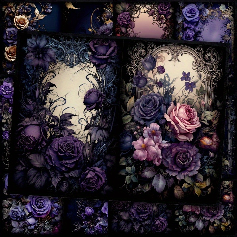 

10 Sheets Gothic Purple Roses Paper, Junk Journaling Pages For Art, Calligraphy, And Collage Decoration Materials - Vintage Floral Crafting Paper