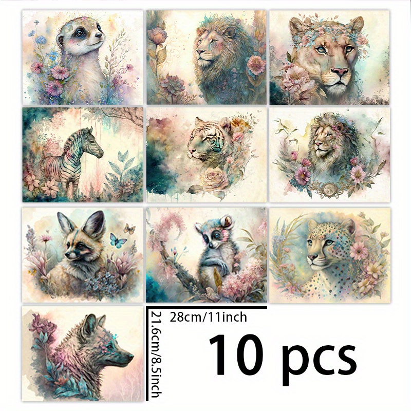 TEMU 1 Set Of 10 Sheets (11x8.5 Inches) Watercolor Animal Background Material For Decoration, Diary, Junk Journal, Greeting Card, Planner, Background