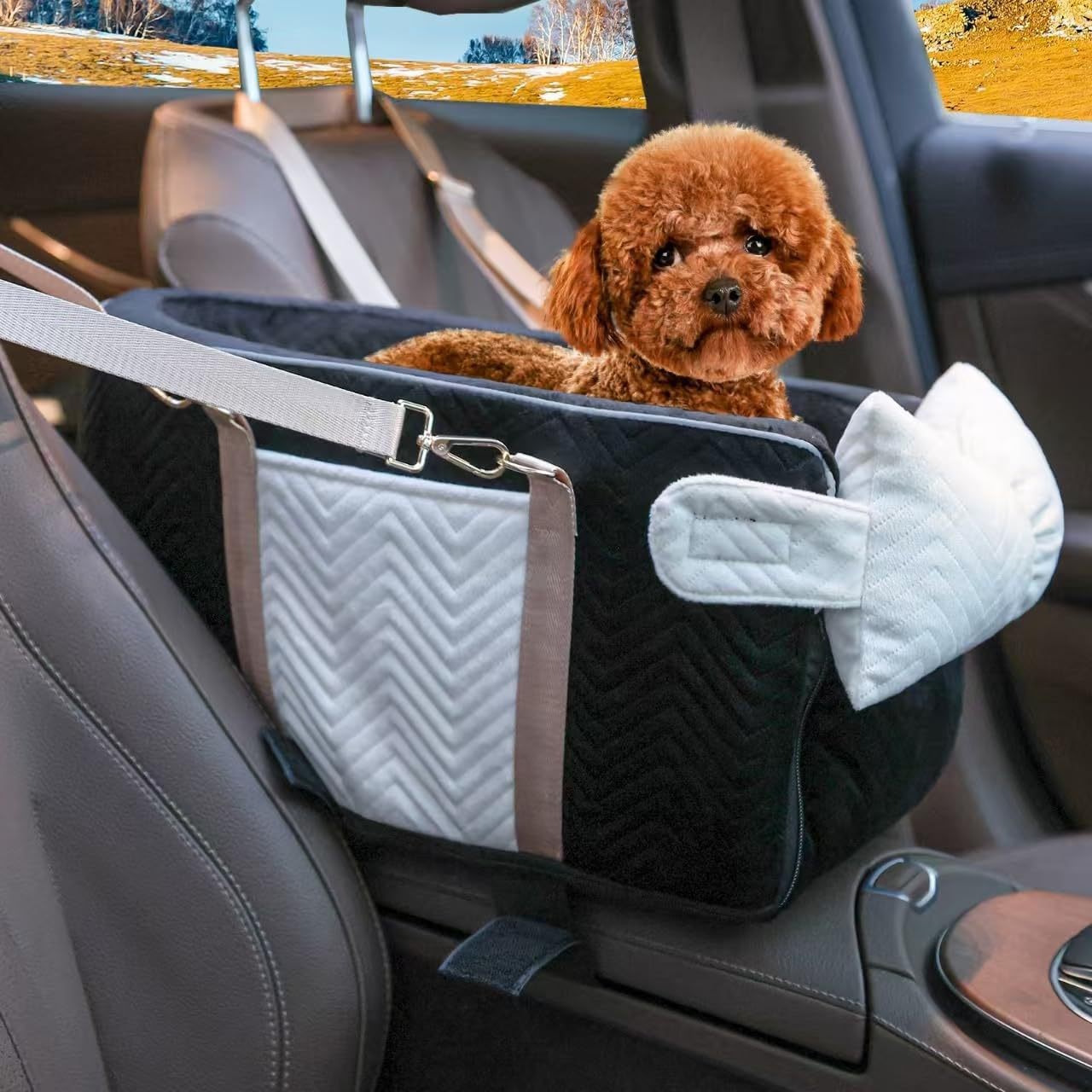 Image of Dog Car Seat Booster, Portable Pet Car Seat For Small Dogs, Soft Quilted Puppy Car Travel Carrier With Safety Leash, Detachable Washable Pet Car Booster Seat For Car Front And Back Seat