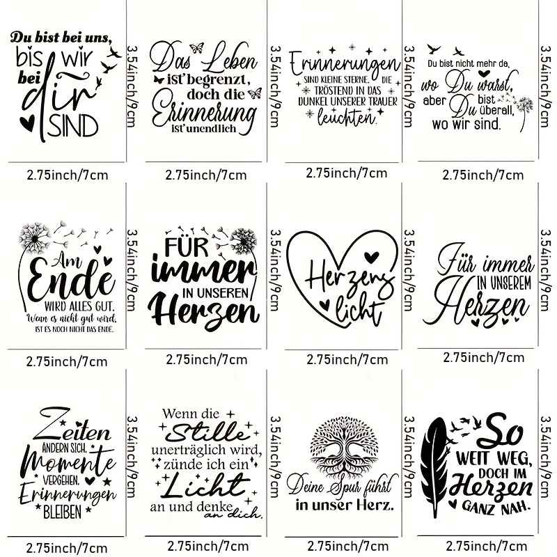 Image of 12pcs Of German Mourning Farewell Quote Stickers - Self-adhesive Memorial Phrases With Elegant Fonts, Suitable As Sympathy Gifts Or Souvenirs - Crafts - Perfect For Mugs, Laptops