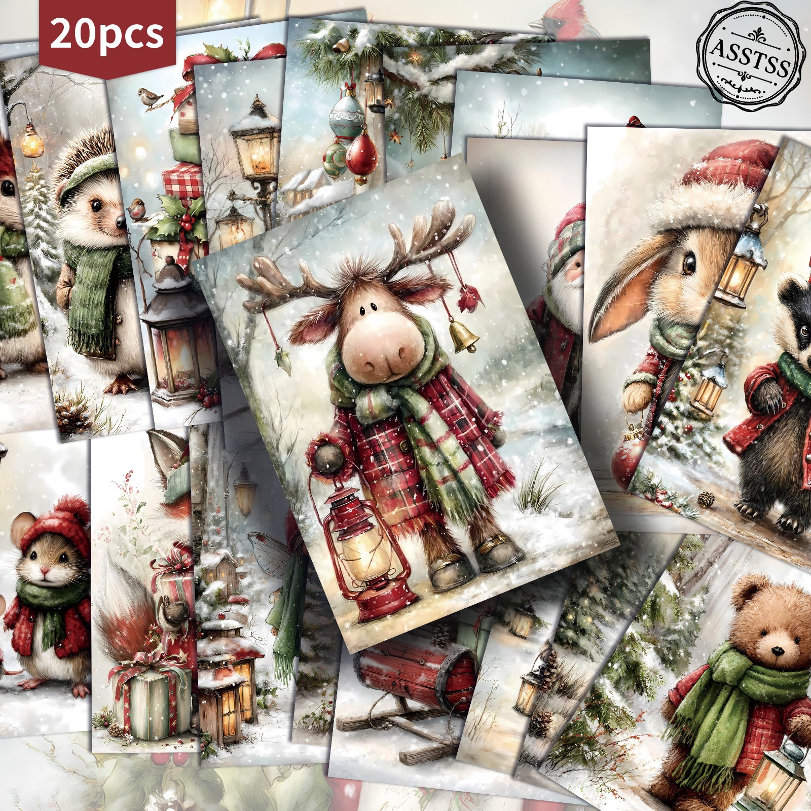 TEMU Confezione da 20 biglietti vintage natalizi con animali carini ASSTSS - 4X6 pollici, forniture retr簷 per diari, illustrazioni , biglietti da