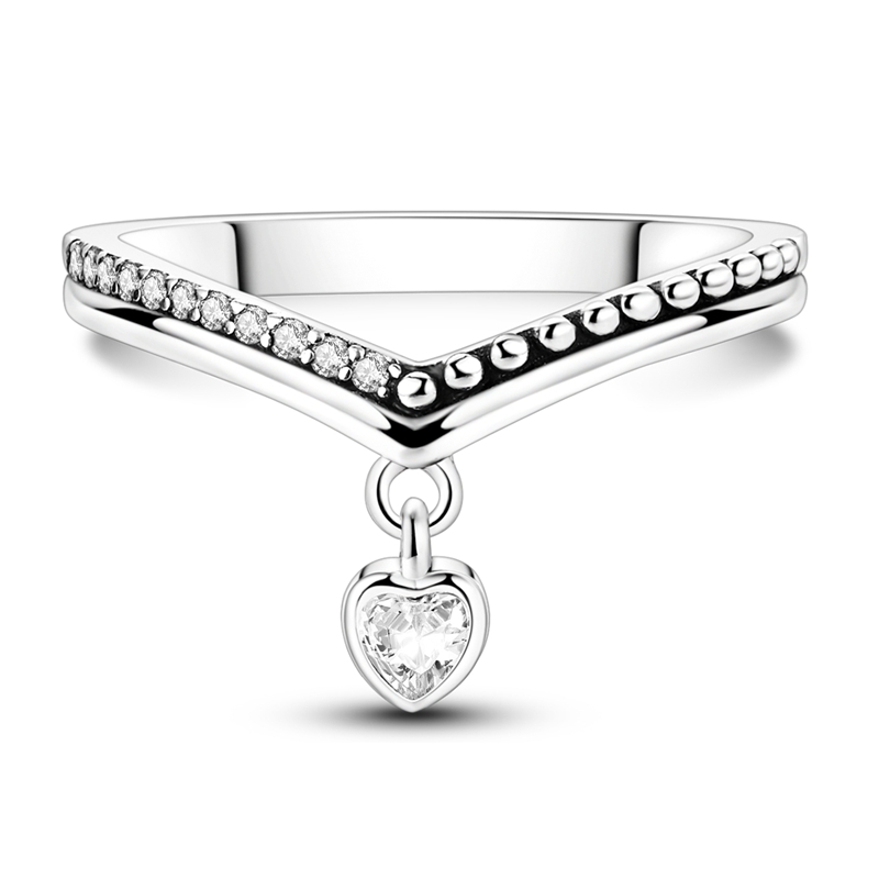 Women's Exquisite 925 Silver Sparkling Wishbone Heart Ring