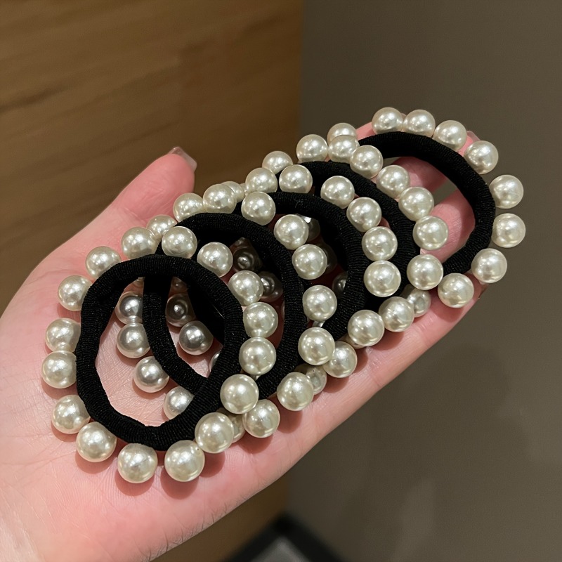 TEMU Juego de 5 piezas de ligas para el pelo de perlas de blancas para mujer, elegantes, de elasticidad, duraderas y accesorios para el pelo