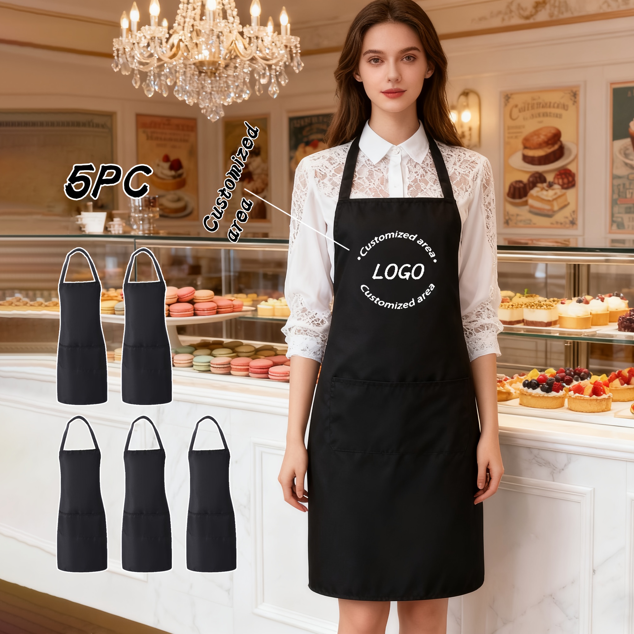 TEMU Personalized Image Or Logo, Of 5 Polyester Aprons - Sturdy And Easy To Apron, Featuring Multiple Pockets, Cooking, Gardening, Restaurants, And