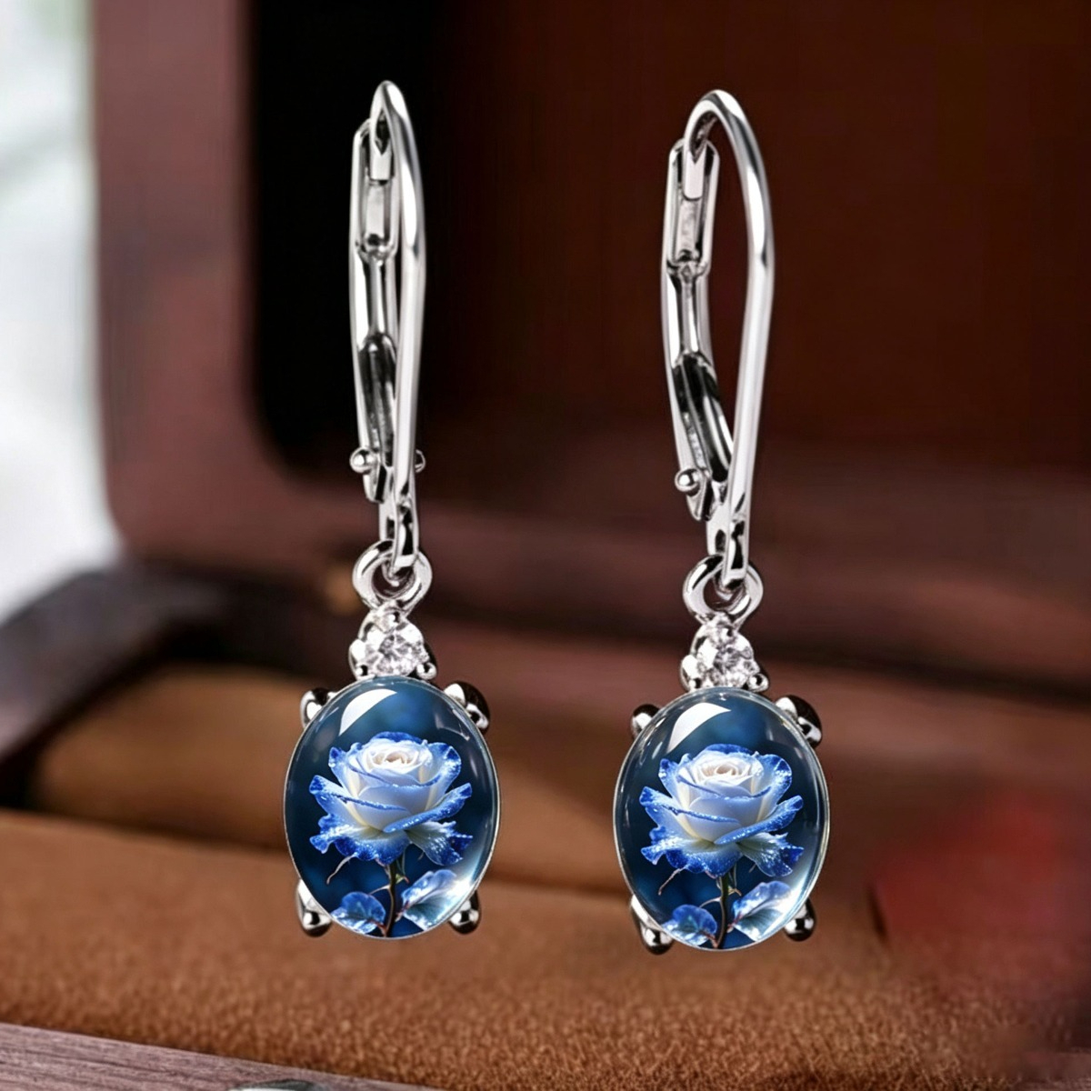 TEMU 2pcs Set Elegant Blue Rose Oval Drop Lever Ear Clips Women's Floral Fashion Jewelry Gift Women's Plant-themed Earrings Jewelry Additions Unique
