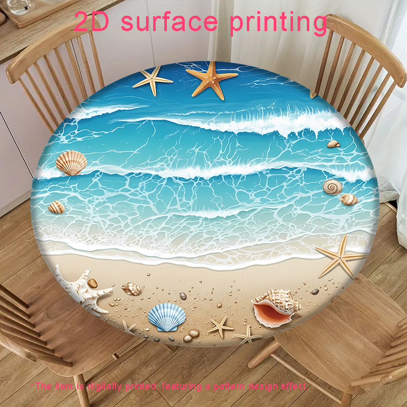 TEMU 1 pièce Nappe Ronde Élastique Imprimée 2D en . Motif Plage Bleue, Sable Doré, Étoiles de Mer, Coquillages et , Ambiance . pour Fêtes, Cuisine,