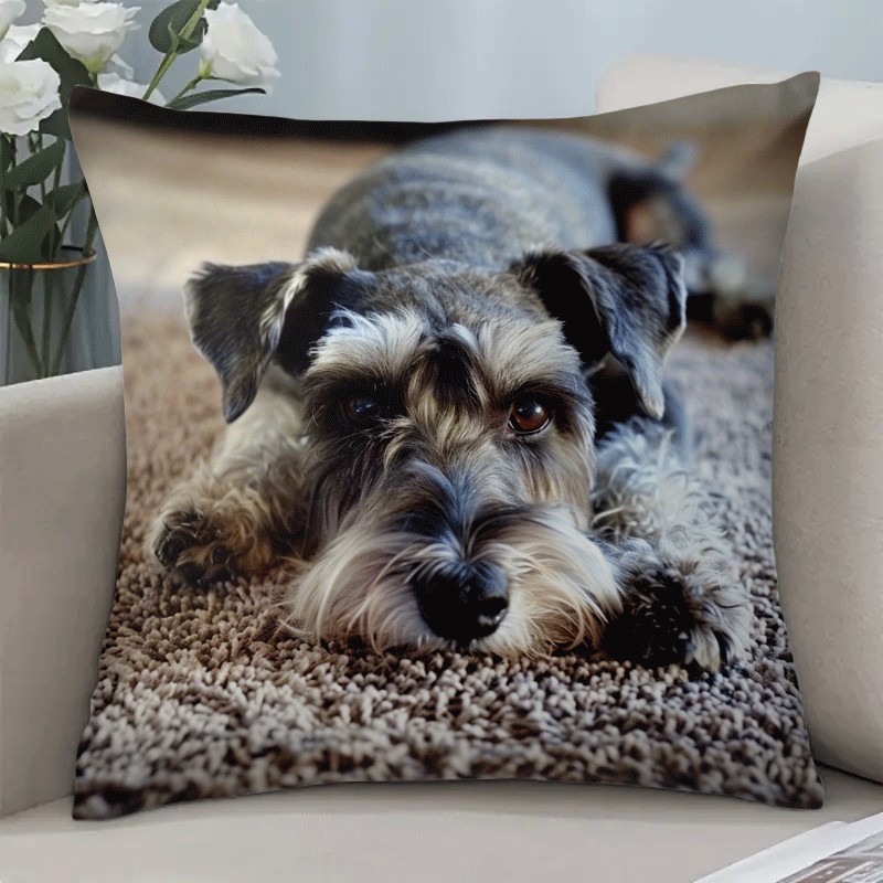 TEMU 1pc "adorable Schnauzer Throw Pillow - Cozy Pet Decor For Home" Short Plush Pillowcase, 17.7 Inches X 17.7 Inches, Without Pillow Core,