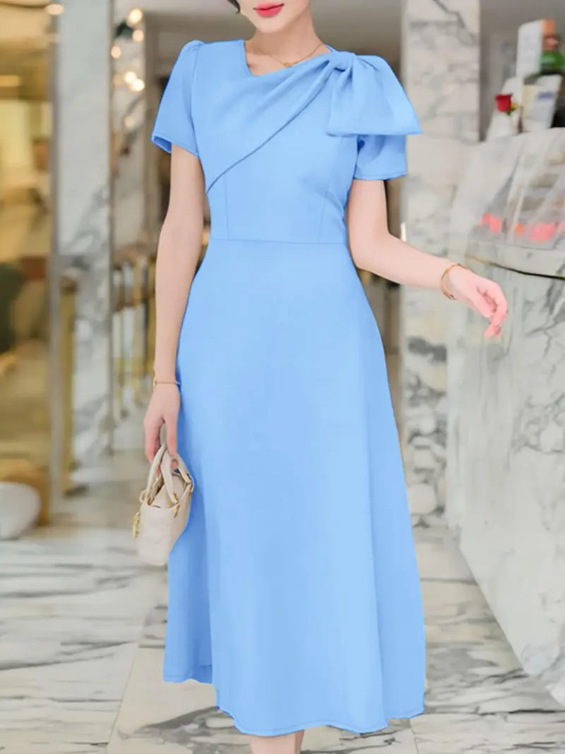 short sleeve midi casual summer dresses for women Women Summer Dress Wrap V Neck Short Sleeve Casual Floral Midi Dress Light Blue S