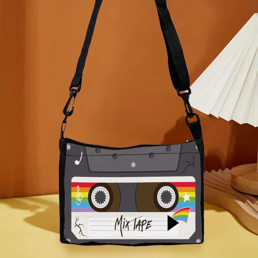 E-shop 1 Stück Polyester Schultertasche mit Kassettendeckel-Design, geometrisches Muster, Cartoon-Motiv, maschinenwaschbar, Reißverschluss, mit
